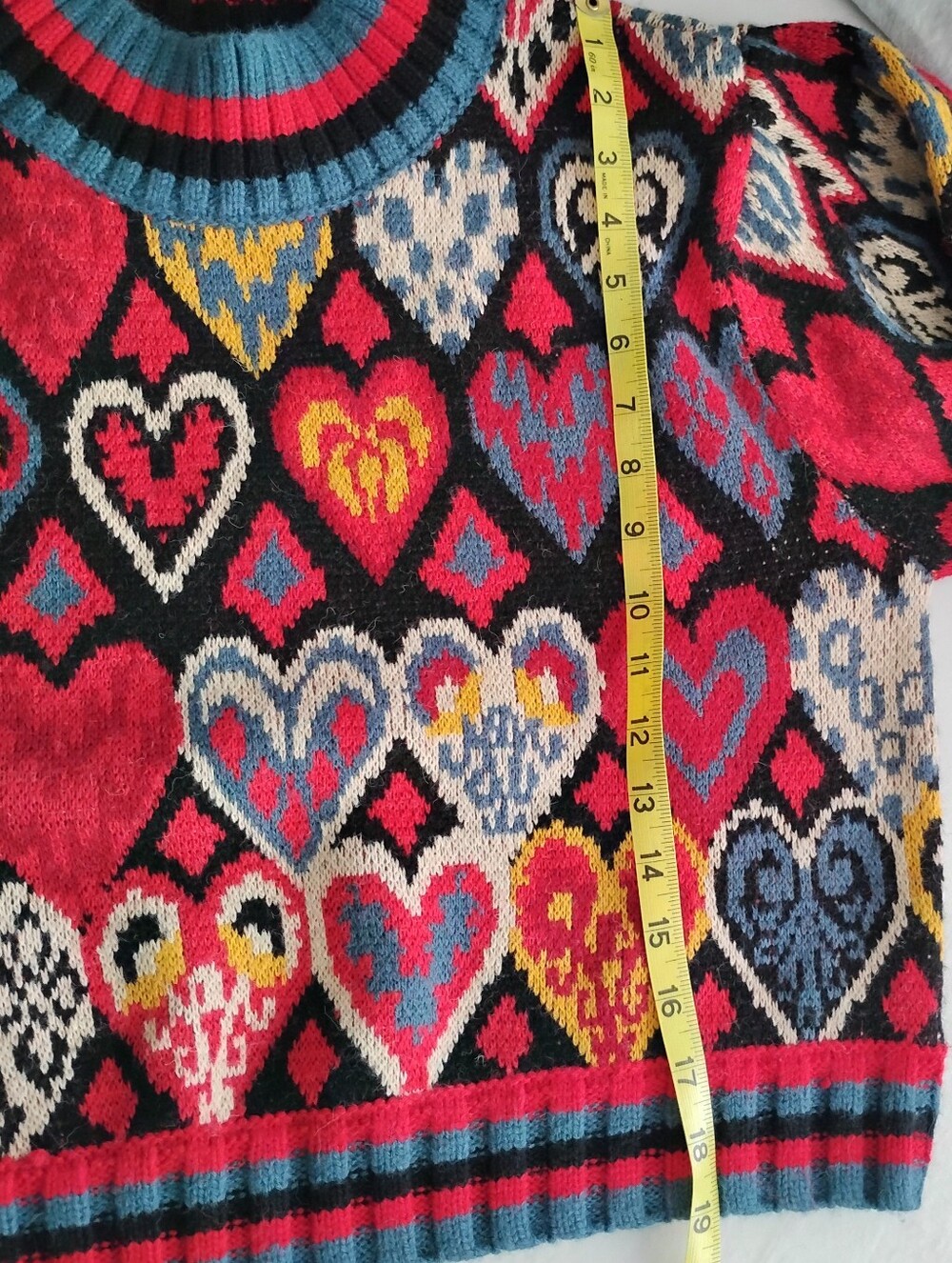 Farm Rio Heart Ikat Red Multi Color Knit Sweater Size M - Picture 9 of 9